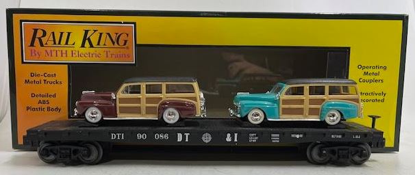 MTH 30-76641 O Detroit Toledo & Ironton Flatcar #90086 with 2 '48 Ford Woody