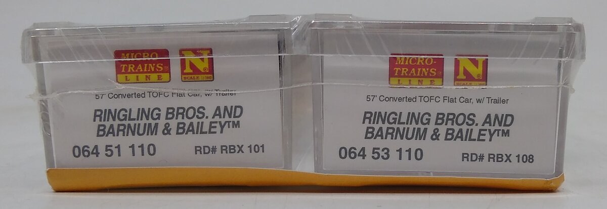 Micro-Trains 06400110 N RBBX 50' Fishbelly Flatcars with Trailer Load 2-Pack