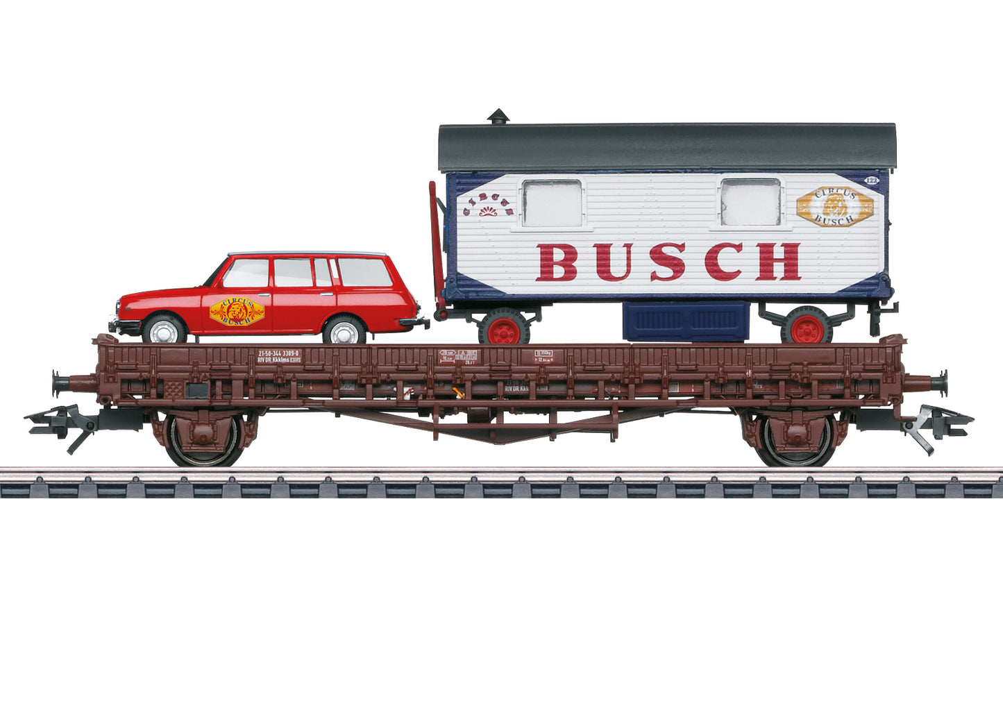 Marklin 45041 HO DR/GDR Circus Busch Freight Car with Low Side Car & Camp Wagon
