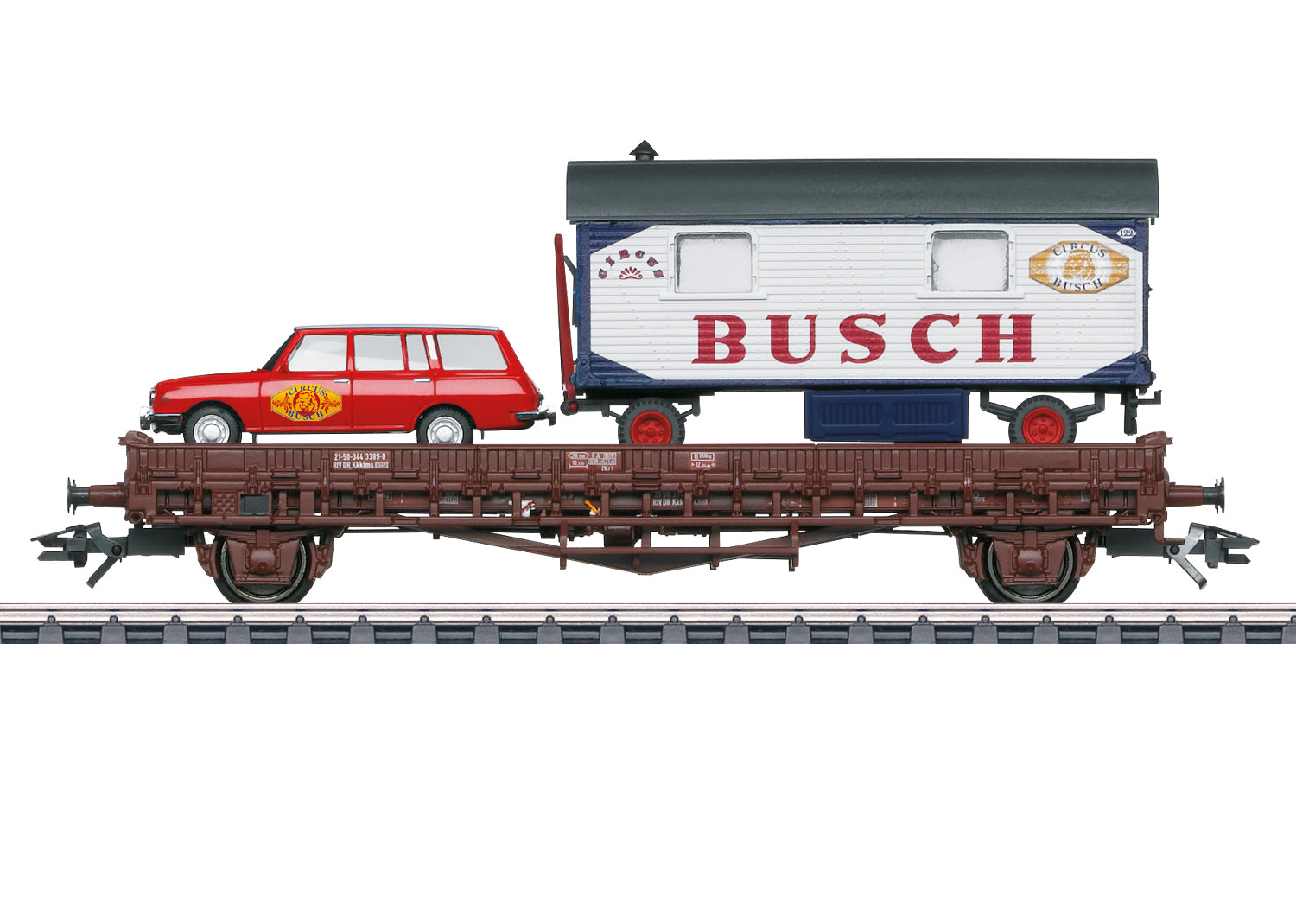 Marklin 45041 HO DR/GDR Circus Busch Freight Car with Low Side Car & Camp Wagon