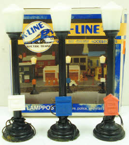 K-Line K-106 O/O-27 Lighted Lamp Posts W/Fire/Police & Mail Boxes (Set of 3)