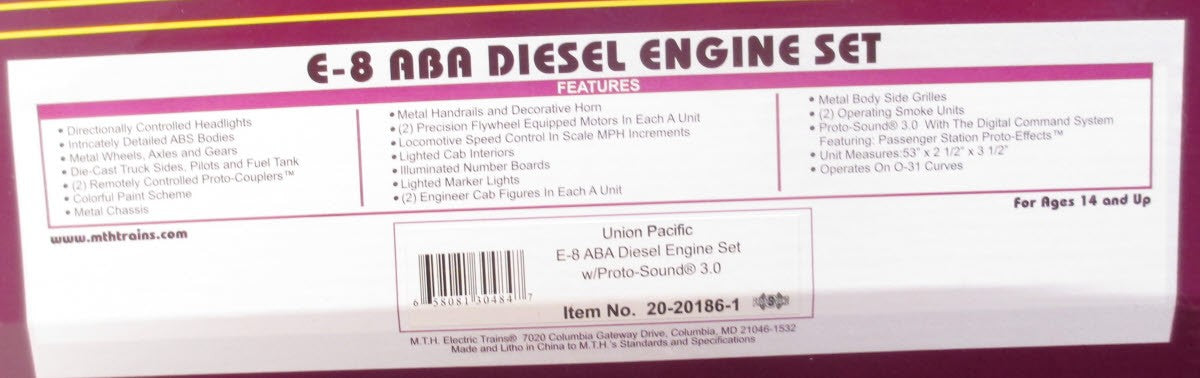 MTH 20-20186-1 Union Pacific E-8 ABA Diesel Engine Set w/PS 3.0 #932/937/932B