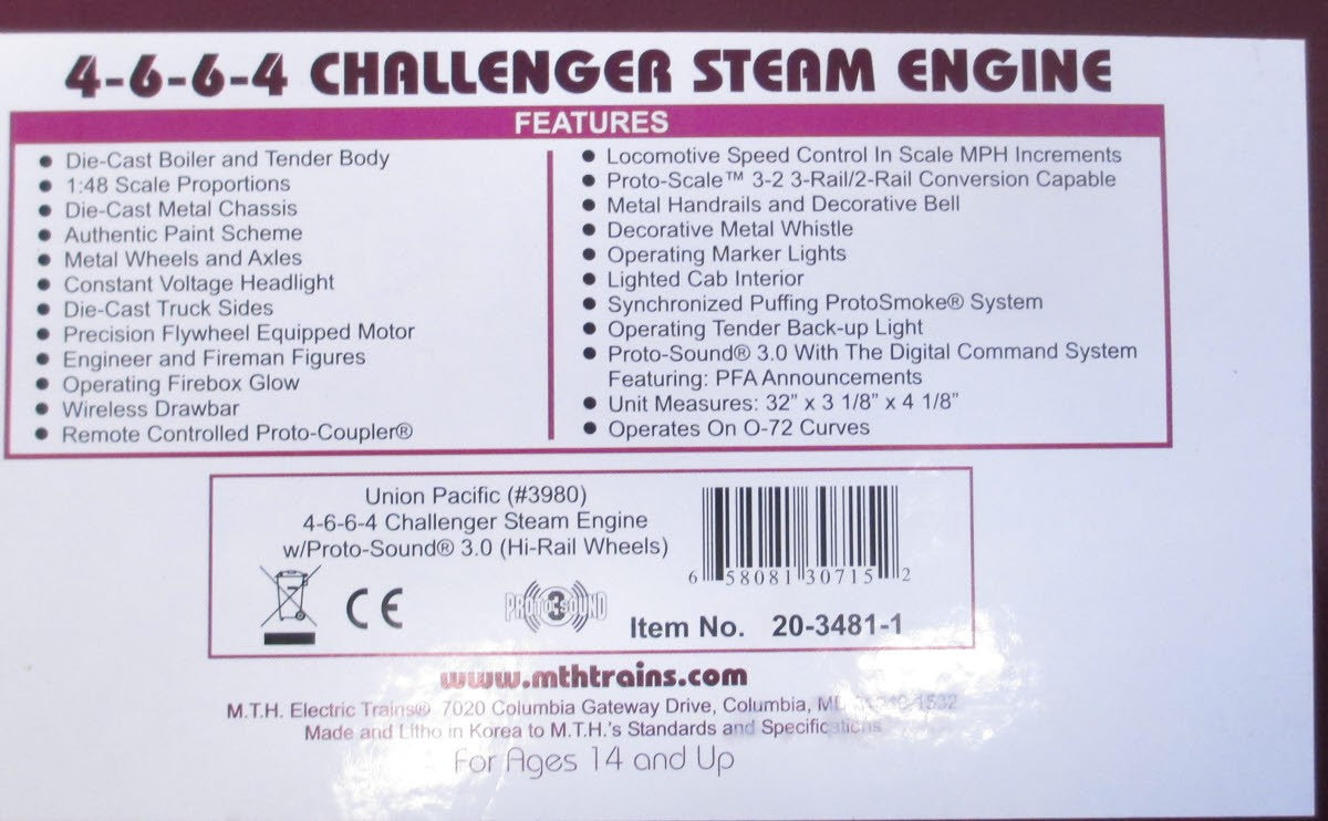 MTH 20-3481-1 UP 4-6-6-4 Challenger Steam w/P-S 3.0 Hi-rail Wheels #3980