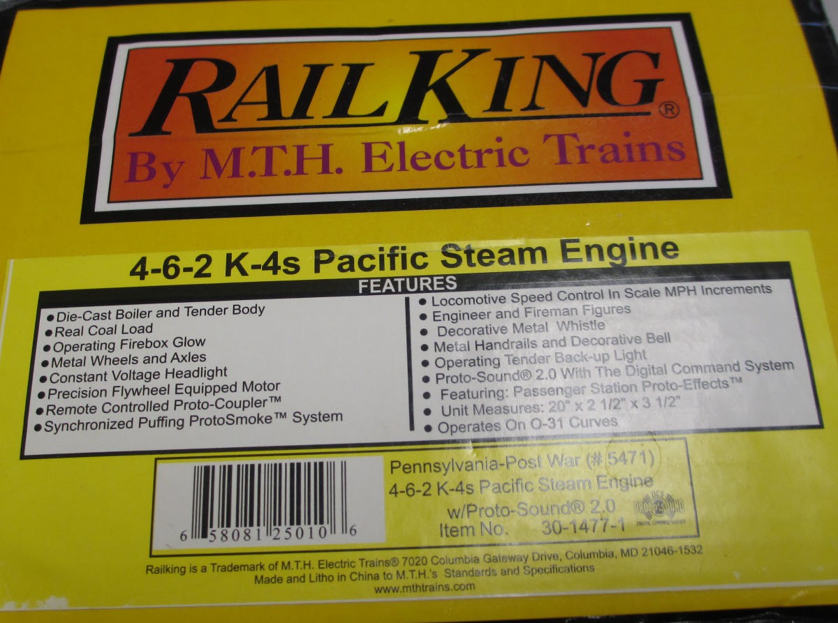 MTH 30-1477-1 Pennsylvania 4-6-2 K4s Pacific Steam Engine with PS2 #5471