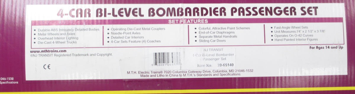 MTH 20-65140 O NJ Transit Bombardier Passenger Car Set (Set of 4)