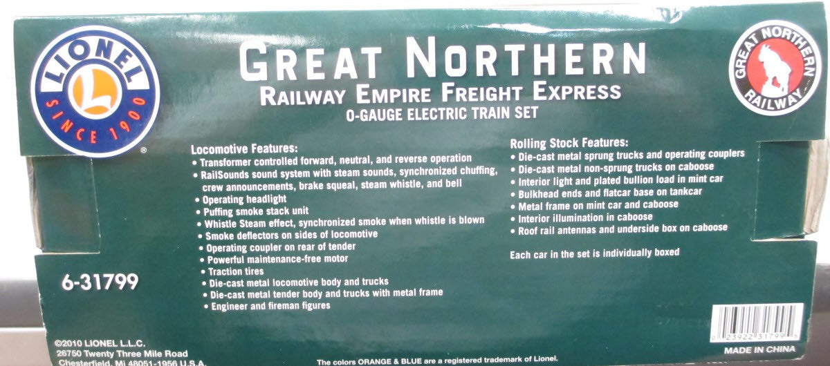 Lionel 6-31799 O Gauge Great Northern Empire Freight Express Steam Train Set