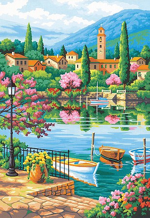 Paintworks Paint by Number 91661 Village Lake Afternoon PBN 14 x 20