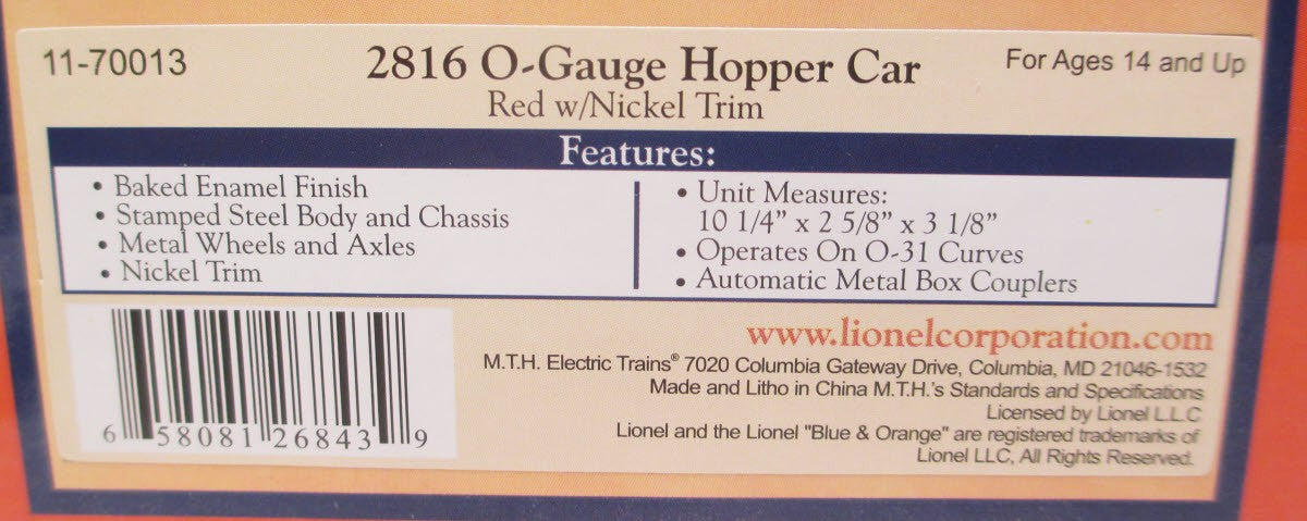 MTH 11-70013 Norfolk & Western Red/Nickel No. 2816 Hopper Car