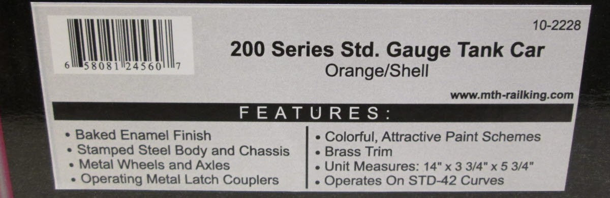 MTH 10-2228 200 SERIES STD. GAUGE TANK CAR SHELL ORG/BRASS