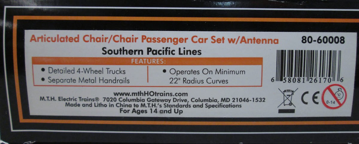 MTH 80-60008 HO Scale Southern Pacific Articulated Passenger Cars (Set of 2)