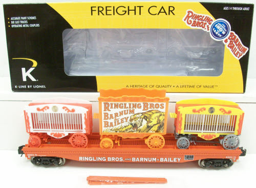 K-Line 6-22415 O Lionel Ringling Bros Flat Car #75 w/ 3 Circus Wagons