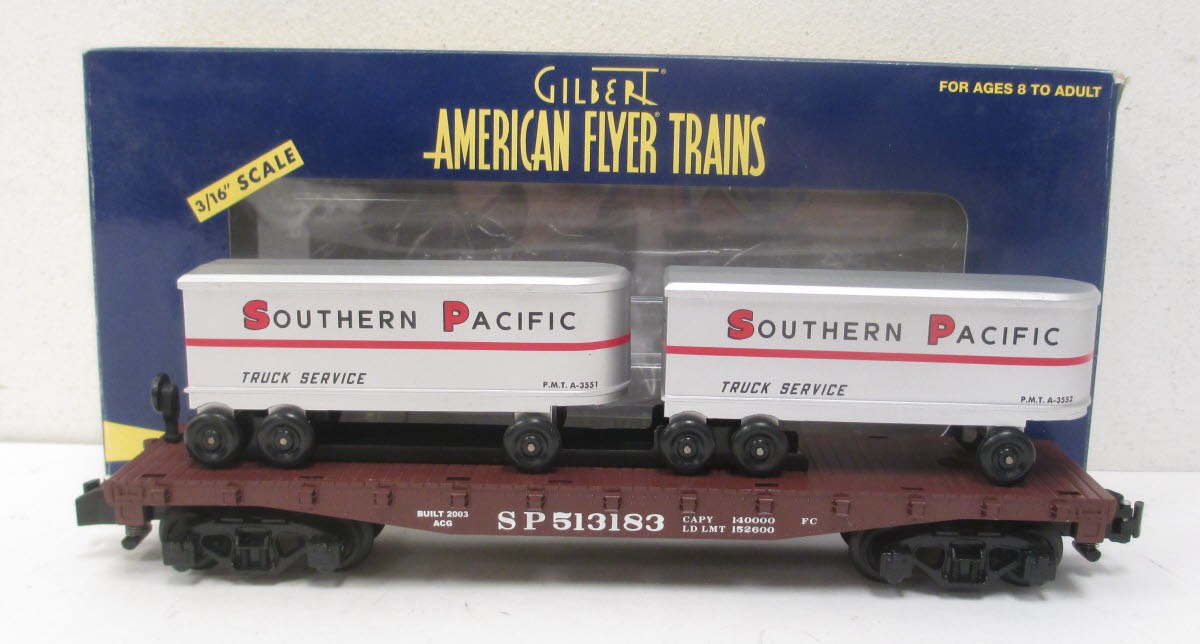 American Flyer 6-48532 S Gauge Southern Pacific Flatcar w/Piggyback Trailers