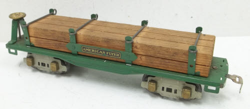 American Flyer 406 Vintage O AFL Green Tinplate Flat Car with Timber