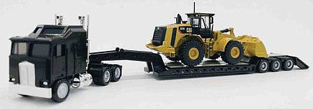 Herpa 6592 1:87 Kenworth K100 Tractor w/Lowboy Trailer & Cat Wheel Loader Load