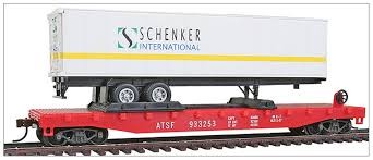 Model Power 98357 HO Santa Fe 50' Flatcar w/ 40' Schenker International Trailer