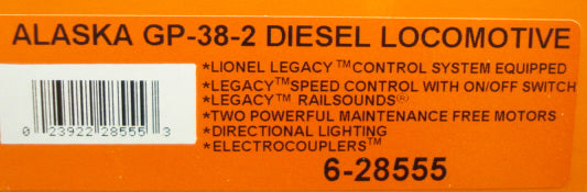 Lionel 6-28555 O Alaska GP38-2 Powered Diesel Locomotive w/RailSounds #2001