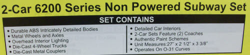 MTH 30-2888-3 O CTA 6200 Series Subway Set Add-On Non-Powered Set (Set of 2)
