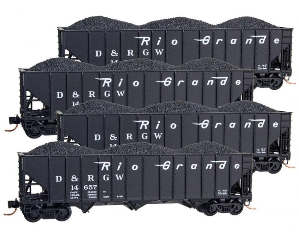 Micro-Trains 99300111 N D&RGW 100-Ton 3-Bay Open Hopper w/ Coal Load (Set of 4)