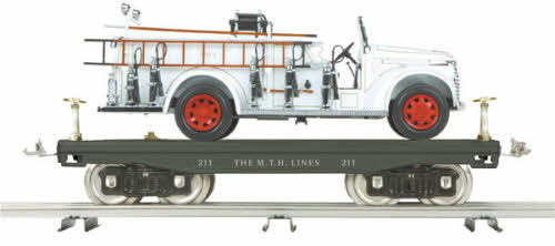 MTH 10-2167 Black w/Brass 200 Series Std. Gauge Flat Car with White Fire Truck