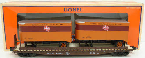 Lionel 6-27564 O Gauge Milwaukee Road Flatcar # 64074 w/ 2 Trailers