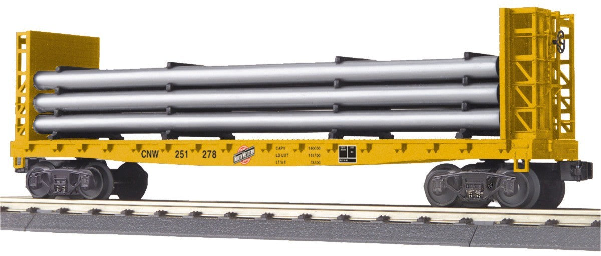 MTH 30-76315 O Gauge Chicago Northwestern Flat Car w/Bulkheads & Pipe Load
