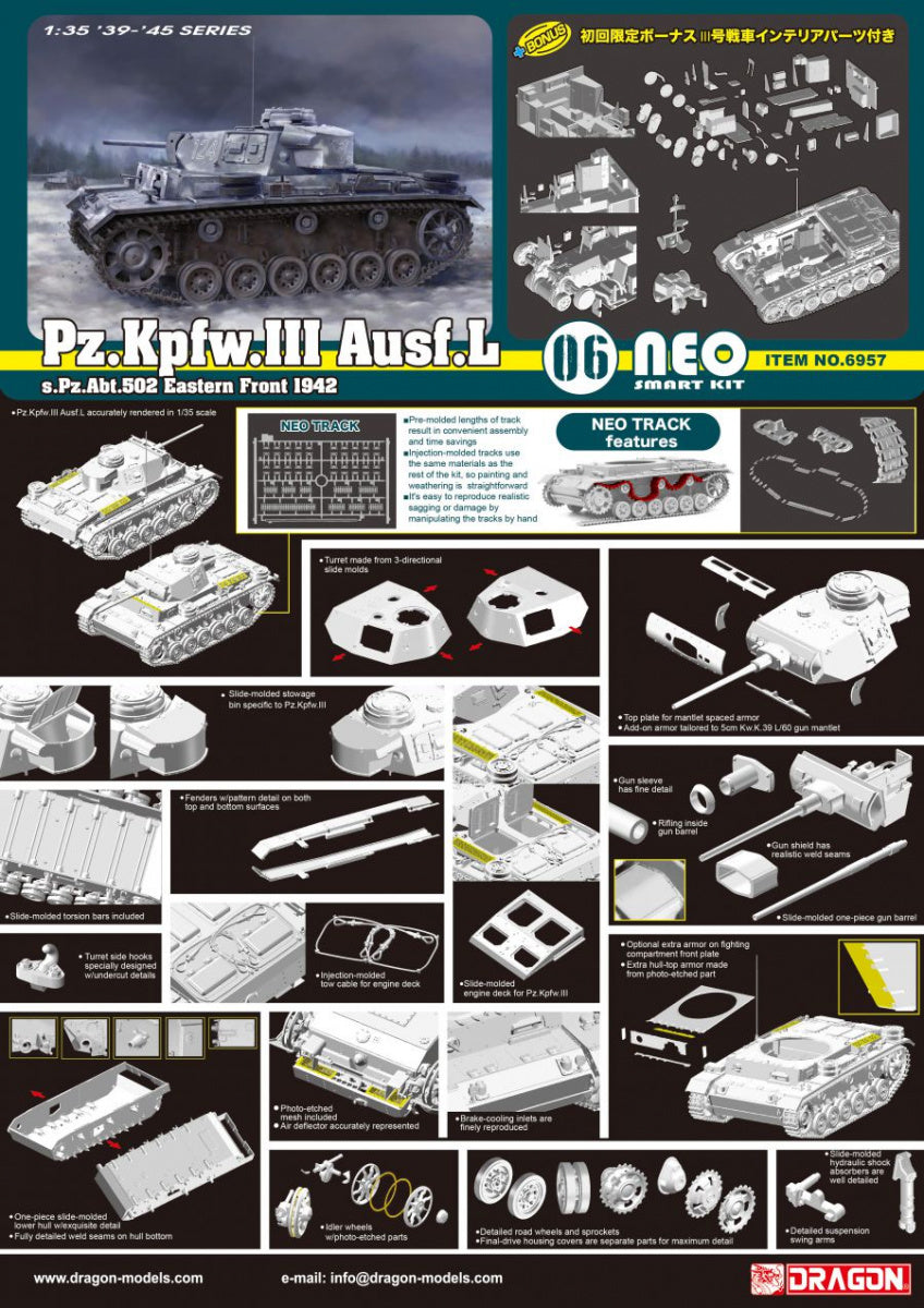 Dragon 6957 1:35 Pz.Kpfw.III Ausf.L s.Pz.Abt.502 Leningrad Military Tank Kit
