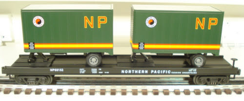 MTH 20-98105 Northern Pacific Flatcar with 2 Short NP Trailers #66152