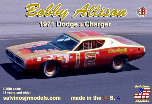 Salvinos JR Models BADC1971D 1:25 1971 Dodge Charger Race Car Plastic Model Kit