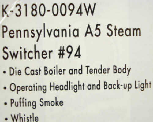 K-Line K3180-0094W O Gauge Pennsylvania RR A5 Steam Locomotive & Tender #94